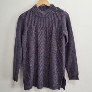 Woolovers Cableknit Curved Hem Purple Wool Mockneck Chunky Sweater Size Small